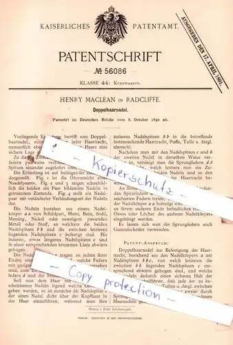 original Patent - Henry Maclean in Radcliffe , 1890 ,  Doppelhaarnadel !!!