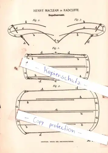 original Patent - Henry Maclean in Radcliffe , 1890 ,  Doppelhaarnadel !!!