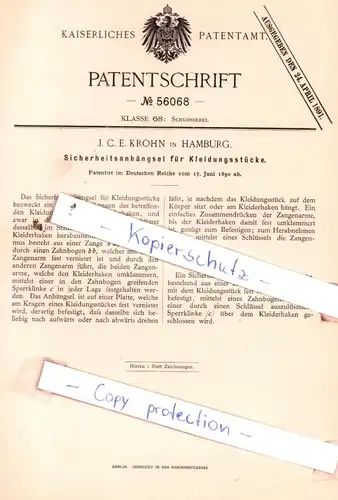 original Patent - J. C. E. Krohn in Hamburg , 1890 , Sicherheitsanhängsel für Kleidungsstücke !!!