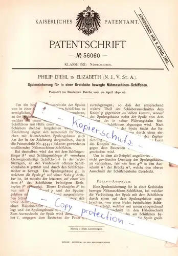 original Patent - Philip Diehl in Elizabeth , N. J., V. St. A. , 1890 , Nähmaschinen !!!