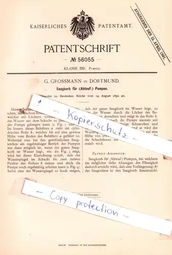original Patent - G. Grossmann in Dortmund , 1890 , Saugkorb für (Abteuf-) Pumpen !!!
