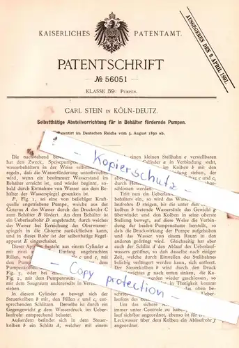 original Patent - Carl Stein in Köln-Deutz , 1890 , Pumpen !!!