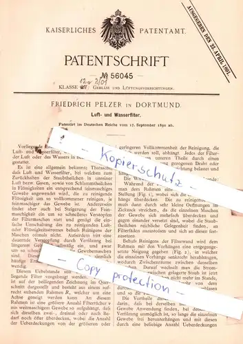original Patent -  Friedrich Pelzer in Dortmund , 1890 , Luft- und Wasserfilter !!!