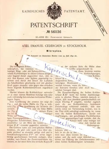 original Patent -  Axel Emanuel Cedergren in Stockholm , 1890 , Mikrophon !!!
