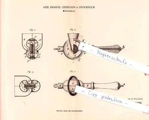 original Patent -  Axel Emanuel Cedergren in Stockholm , 1890 , Mikrophon !!!