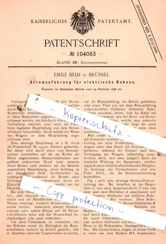 original Patent - Emile Bede in Brüssel , 1898 , Stromzuführung für elektrische Bahnen !!!