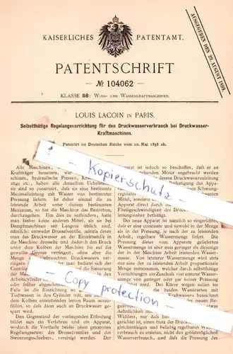 original Patent - Louis Lacoin in Paris , 1898 ,  Selbstthätige Regelungsvorrichtung für den Druckwasserverbrauch !!!