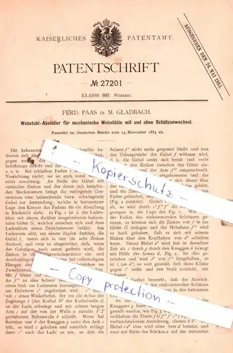 original Patent - Ferd. Paas in M. Gladbach , 1883 , Webstuhl-Absteller für mechanische Webstühle !!!