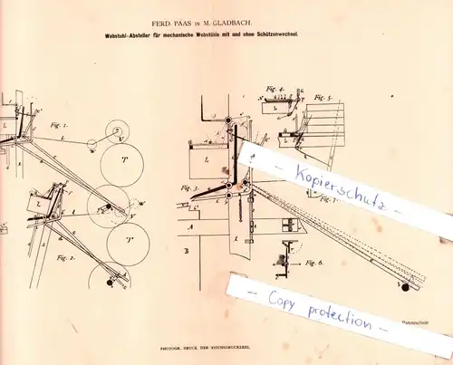 original Patent - Ferd. Paas in M. Gladbach , 1883 , Webstuhl-Absteller für mechanische Webstühle !!!