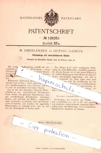 original Patent - M. Oberländer in Leipzig-Gohlis , 1900 , Stroboskop mit verschiebbarem Okular !!!