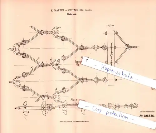 original Patent - K. Martin in Offenburg, Baden , 1901 ,  Gliederegge !!!