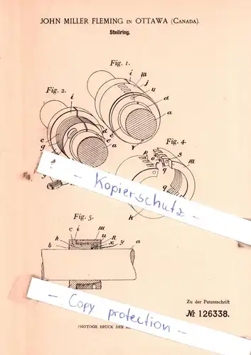original Patent - John Miller Fleming in Ottawa , Canada , 1901 , Stellring !!!