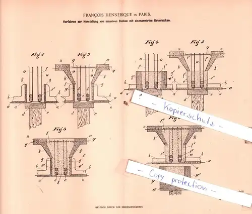 original Patent - Francois Hennebique in Paris , 1897 , Verfahren zur Herstellung von massiven Decken !!!