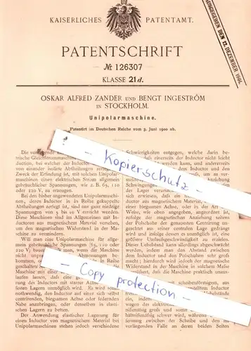 original Patent - Oskar Alfred Zander und Bengt Ingström in Stockholm  , 1900 , Unipolarmaschine !!!