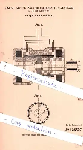 original Patent - Oskar Alfred Zander und Bengt Ingström in Stockholm  , 1900 , Unipolarmaschine !!!