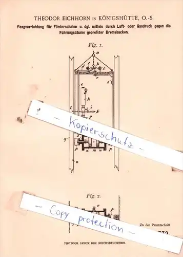 Original Patent  - T. Eichhorn in Königshütte, O.-S. , 1900 , Fangvorrichtung für Förderschalen !!!