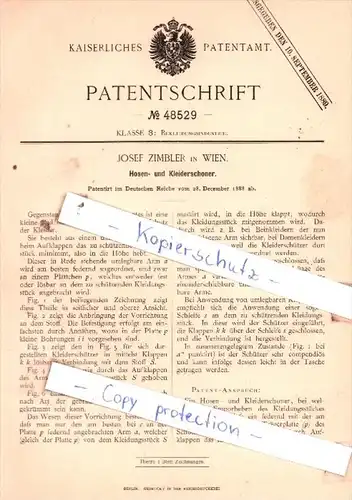 Original Patent  - Josef Zimbler in Wien , 1888 , Hosen- und Kleiderschoner !!!
