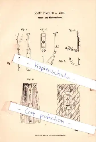 Original Patent  - Josef Zimbler in Wien , 1888 , Hosen- und Kleiderschoner !!!