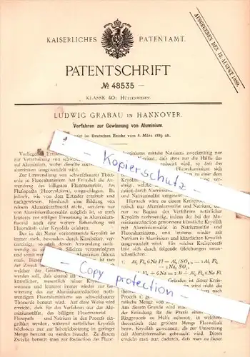 Original Patent  - Ludwig Grabau in Hannover , 1889 , Verfahren zur Gewinnung von Aluminium !!!