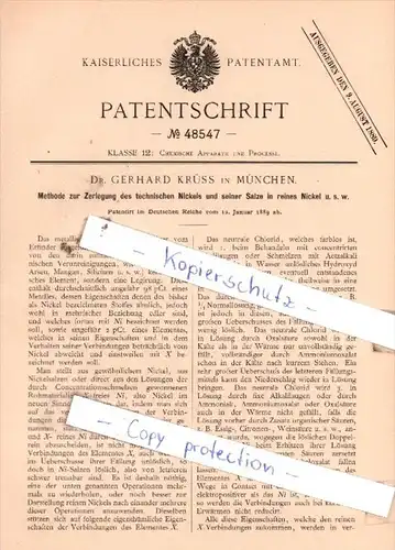 Original Patent  - Dr. Gerhard Krüss in München , 1889 , Zerlegung des technischen Nickels !!!