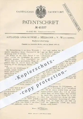 original Patent - Alex. Kwiatkowski , Heilbronn , 1888 , Hahnsicherung für Kühlapparate , Kühlung , Kühlschrank , Hahn !