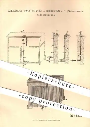 original Patent - Alex. Kwiatkowski , Heilbronn , 1888 , Hahnsicherung für Kühlapparate , Kühlung , Kühlschrank , Hahn !