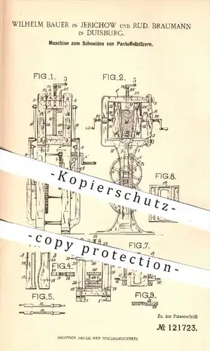 original Patent - W. Bauer , Jerichow / R. Braumann , Duisburg 1900 , Schneiden von Pantoffelhölzern , Pantoffeln , Holz