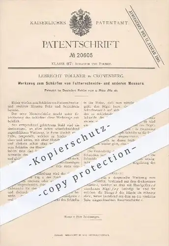 original Patent - Lebrecht Töllner , Cronenberg  1882 , Werkzeug zum Schärfen von Futterschneidemesser , Messer , Schere