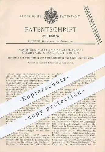 original Patent - Allg. Acetylen Gas Ges. O. Falbe & Borchardt , Berlin , 1898 , Carbidzuführung beim Acetylenentwickler