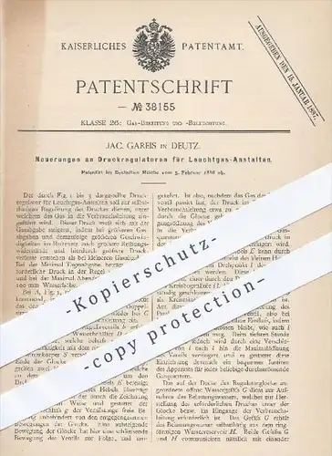 original Patent - J. Gareis , Deutz , 1886 , Druckregulatoren für Leuchtgas Anstalten , Gas , Licht , Beleuchtung !!!