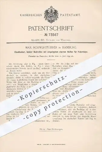 original Patent - Max Schwertführer , Hamburg , 1893 Elastischer Radreifen mit innerem starren Reifen für Fahrräder !!!