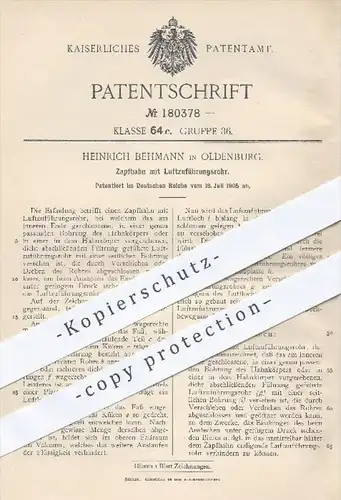 original Patent - Heinrich Behmann , Oldenburg , 1905 , Zapfhahn mit Luftzuführungsrohr , Bier zapfen , Gastronomie !!