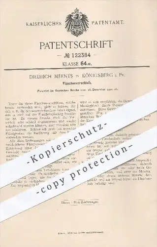 original Patent - Diedrich Meents , Königsberg , 1900 , Flaschenverschluss , Flasche , Flaschen , Glas , Verschluss !!!