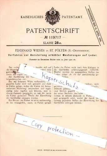 Original Patent  - Ferdinand Wiener in St. Pölten , N.-Oesterreich , 1900 , Musterungen auf Leder !!!