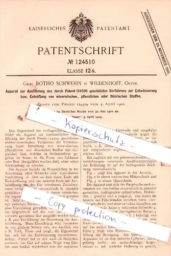 Original Patent  -  Graf Botho Schwerin in Wildenhoff, Ostpr.  , 1900 , Entwässerung von Stoffen !!!