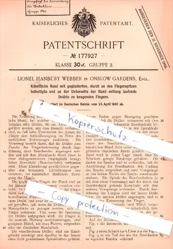 Original Patent  - L. Hanbury Webber in Onslow Gardens, Engl. , 1905 , Künstliche Hand !!!