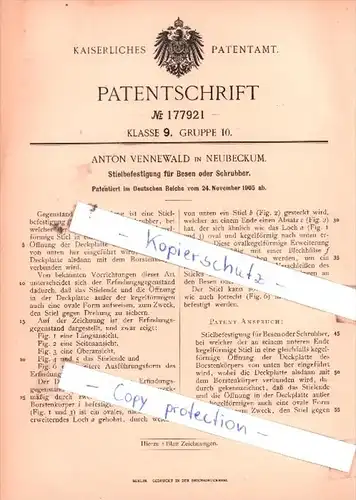 Original Patent  - Anton Vennewald in Neubeckum , 1905 , Stielbefestigung für Besen !!!