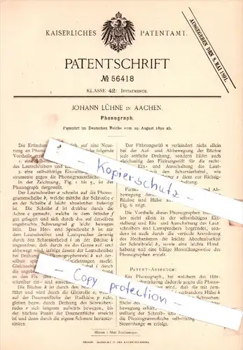 Original Patent  - Johann Lühne in Aachen , 1890 , Phonograph !!!