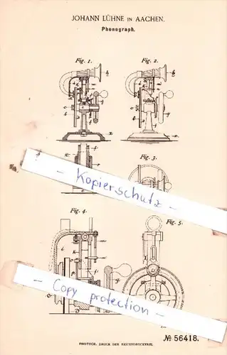 Original Patent  - Johann Lühne in Aachen , 1890 , Phonograph !!!