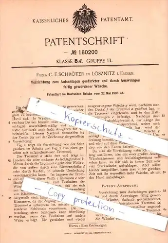 Original Patent  - Firma C. F. Schröter in Lösznitz i. Erzgeb. , 1906 , Aufschlagen gestärkter Wäsche!!!