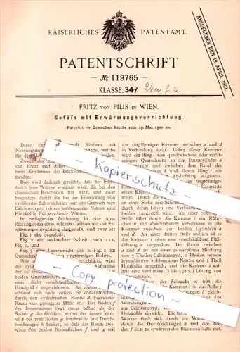 Original Patent  - Fritz von Pilis in Wien , 1900 , Gefäß mit Erwärmungsvorrichtung !!!