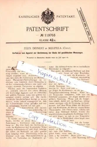 Original Patent  - Felix Deinert in Melipilla , Chile , 1900 , Basis bei geodätischen Messungen !!!