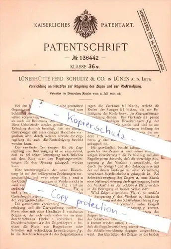 Original Patent  - Lünerhütte Ferd. Schultz & Co. in Lünen a. d. Lippe , 1901 , Heizöfen !!!