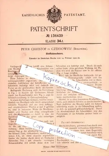 Original Patent  - Peter Christof in Czernowitz , Bukowina , 1902 ,  Bindfadenscheere !!!