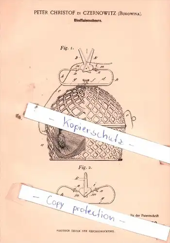 Original Patent  - Peter Christof in Czernowitz , Bukowina , 1902 ,  Bindfadenscheere !!!