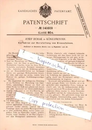 Original Patent  - Josef Horak in Königswinter , 1901 , Verfahren zur Herstellung von Dinassteinen !!!