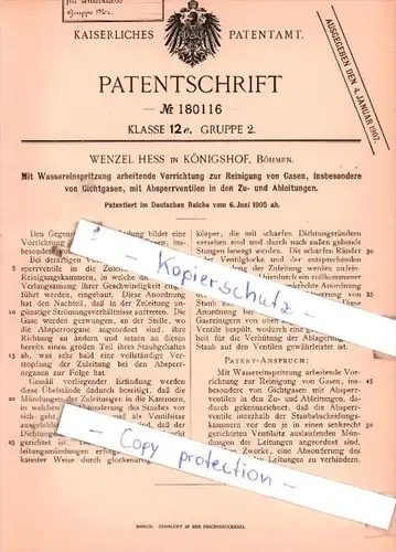 Original Patent  - Wenzel Hess in Königshof, Böhmen , 1905 , Reinigung von Gasen !!!