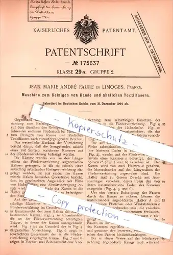 Original Patent  - Jean Marie Andrè Faure in Limoges, Frankr. , 1904 , Reinigen von Ramie !!!