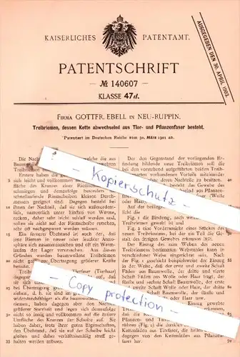 Original Patent  - Firma Gottfr. Ebell in Neu-Ruppin , 1901 , Treibriemen !!!