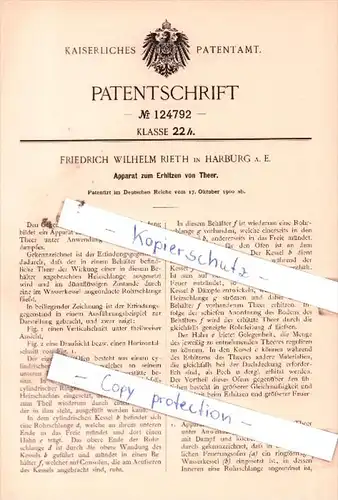 Original Patent  - F. W. Rieth in Harburg a. E. , 1900 , Apparat zum Erhitzen von Theer !!!